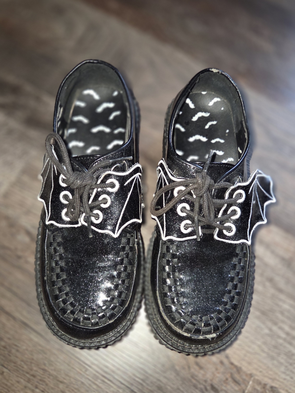 DEMONIA Black Glitter Bat Wing Lace-Up Shoes
